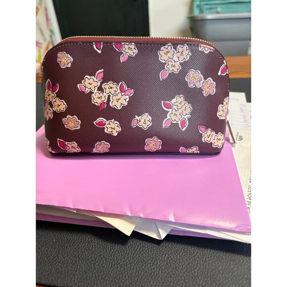 Kate Spade Tinsel Cosmetic Makeup Case Deep Berry  Frosted Floral - Picture 3 of 7